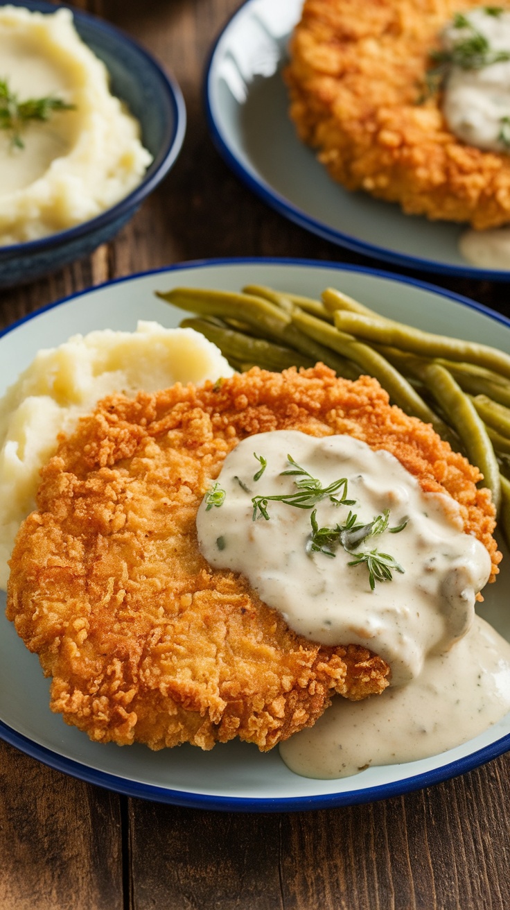 Golden Chicken Fried Steak with creamy gravy on a rustic plate, served with mashed potatoes and green beans.